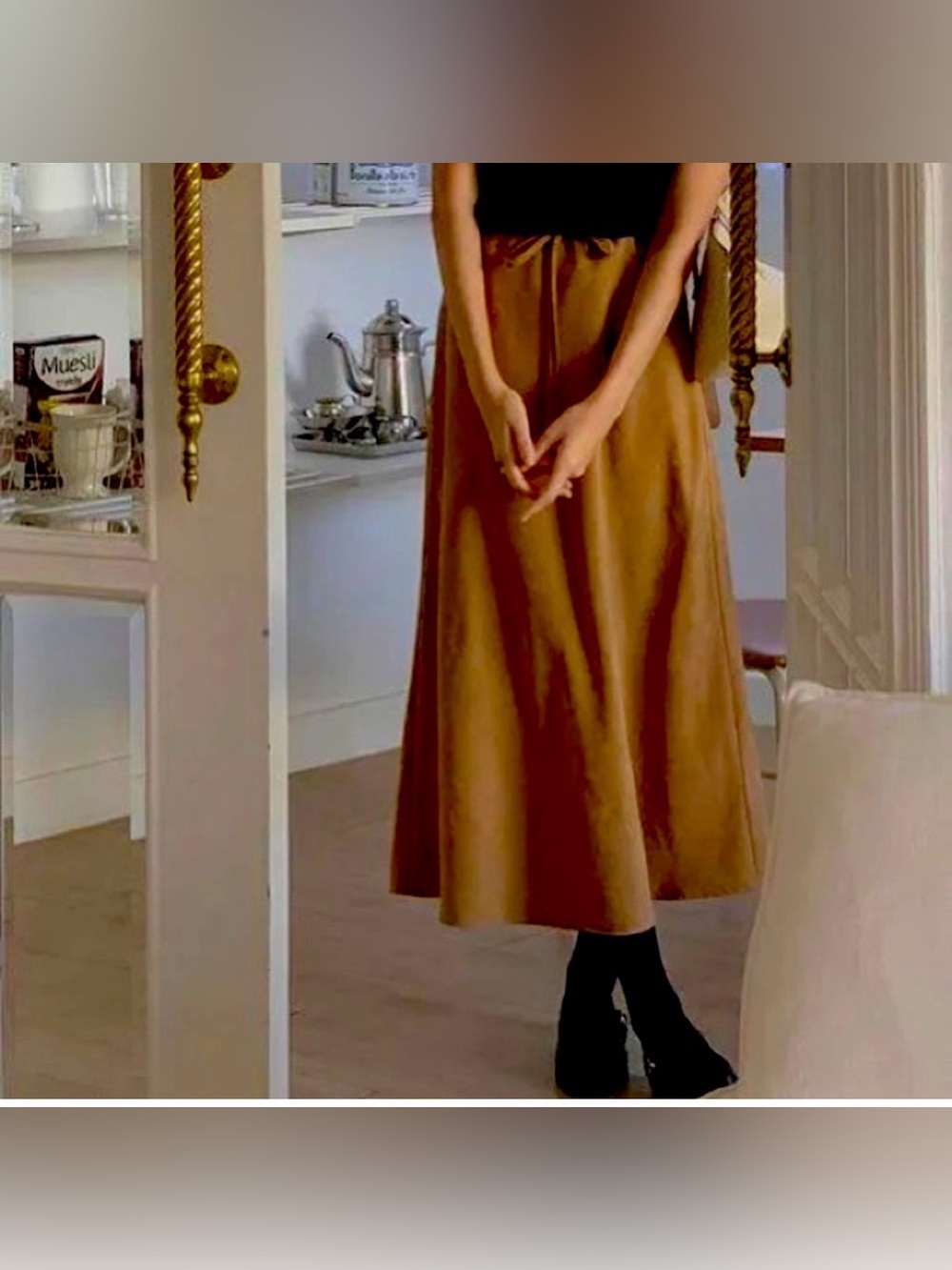Tuckernuck Cece Faux Suede Drawstring Circle Midi Skirt in Saddle Tan Beige XL